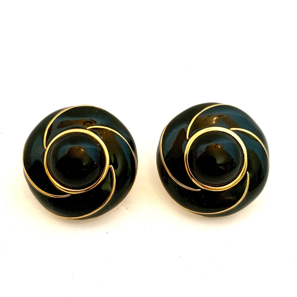 Vintage Napier Jet Black & Gold Enamel Earrings Round Swirl clip Modern Mob wife